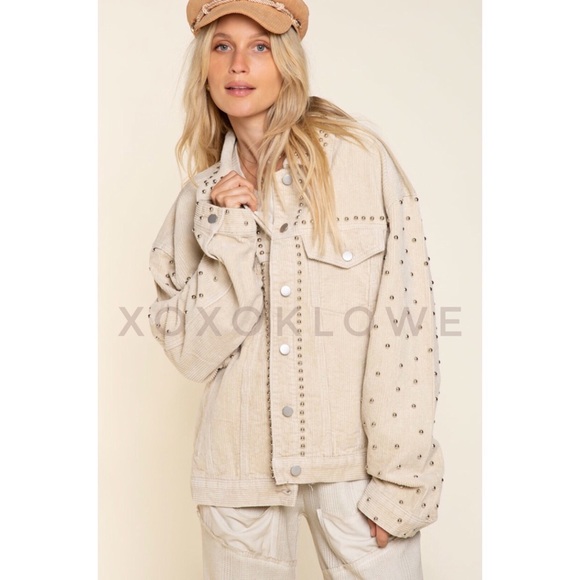 POL Oatmeal Beige Studded Corduroy Trucker Jacket Relaxed Fit - Picture 4 of 14